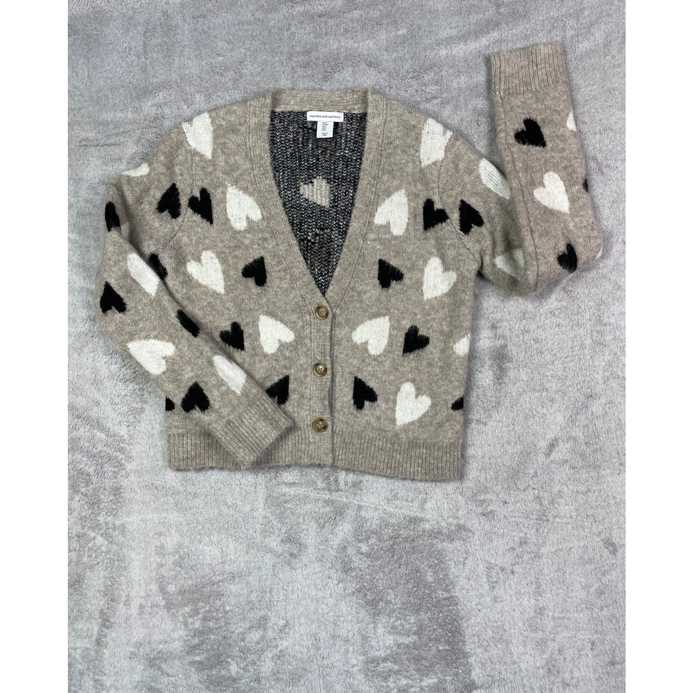 Cupcakes and Cashmere Heart Cardigan Womens Small Tan Knit Button Up V-Neck